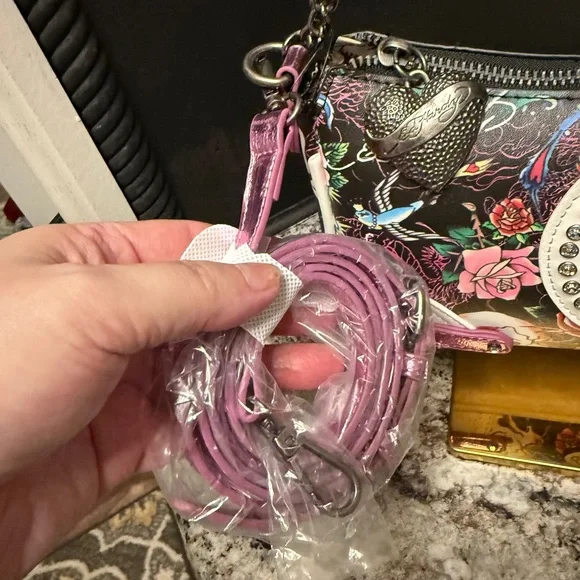 Ed Hardy Pink Floral Skull Accent Baguette Bag with crossbody - Picture 4 of 10
